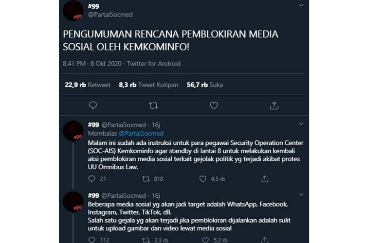 Tangkapan layar unggahan bernarasikan Kementerian Komunikasi dan Informatika (Kemenkominfo) berencana memblokir media sosial usai demo UU Cipta Kerja.