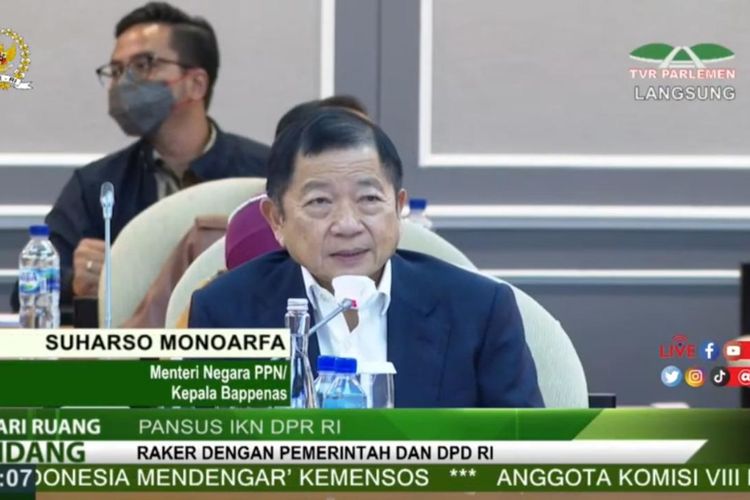 Menteri PPN/Bappenas Suharso Monoarfa ketika menjelaskan pembangunan Ibu Kota Negara (IKN) di Kalimantan Timur kepada Pansus RUU IKN, Kamis (13/1/2022).