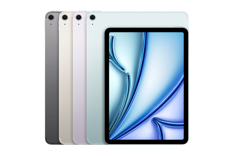 iPad Air M3 (2025) hadir dalam varian warna biru, ungu, putih pucat metalik, dan abu-abu.
