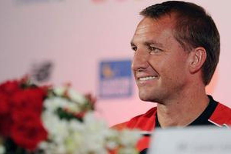 Manajer Liverpool, Brendan Rodgers, saat jumpa pers di Bangkok, Senin (13/7/2015). 