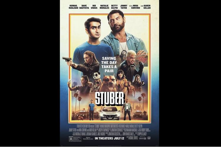 Kumail Nanjiani dan Dave Bautista dalam film komedi Stuber (2019).