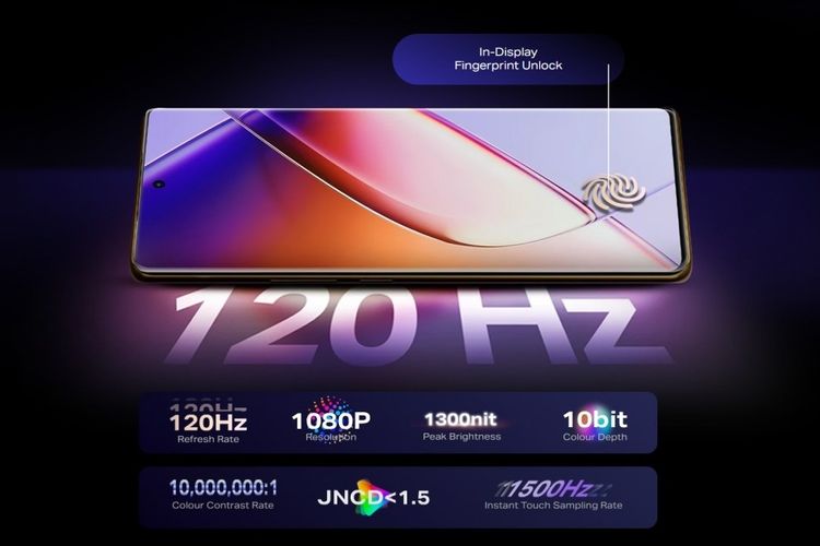 4 HP  Infinix Note 40 series mengusung layar AMOLED 6,78 inci dengan refresh rate 120 Hz, resolusi Full HD Plus, dan peak brightness 1.300 nits. Layar keempatnya mendukung pemindai sidik jari di bawah laayr.