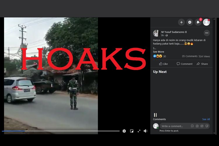 Akun Facebook M Yusuf Sudarsono II menyebarkan video yang menyebutkan bahwa TNI menurunkan tank untuk penyekatan mudik di perbatakan Bekasi-Bogor.