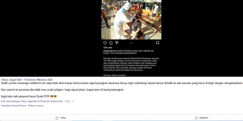 Tangkapan layar unggahan Facebok Taksu Jagat Bali soal kapal di Sanur yang dilarang berlayar jika ada penumpang tolak swab acak dari petugas