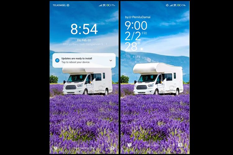 Perbandingan lockscreen di MiUI 14 (kiri) dan HyperOS pada HP Xiaomi 12 Lite (kanan)