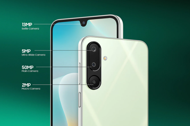 Tampilan belakang Samsung Galaxy M06 5G yang resmi meluncur di India. Galaxy M16 5G memiliki tiga kamera belakang, yang terdiri dari sensor utama 50MP dengan aperture f/1.8, lensa ultra-wide 5MP, dan kamera makro 2MP.