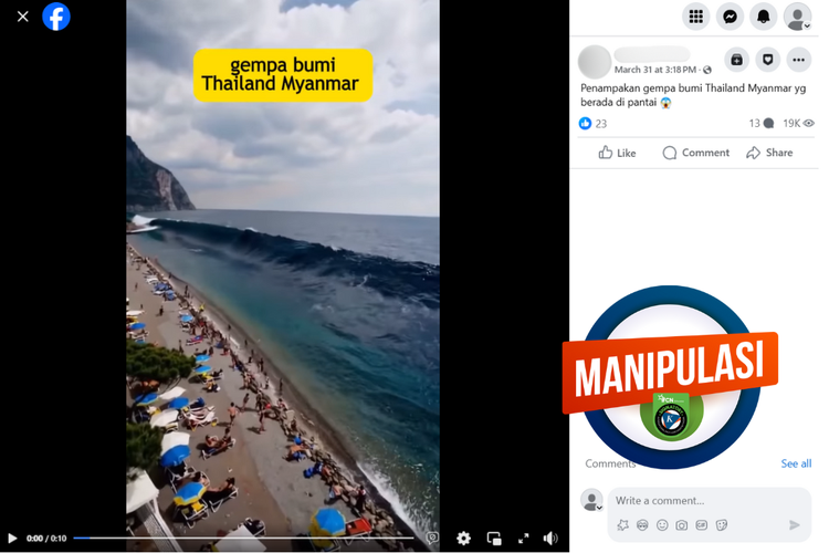 Tangkapan layar konten manipulatif di sebuah akun Facebook, Senin (31/3/2025), menampilkan video gempa Myanmar yang berdampak di sebuah pantai.