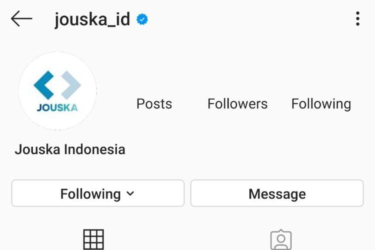 Akun Instagran Jouska Indonesia menampilkan jumlah post, followers, dan following yang kosong.