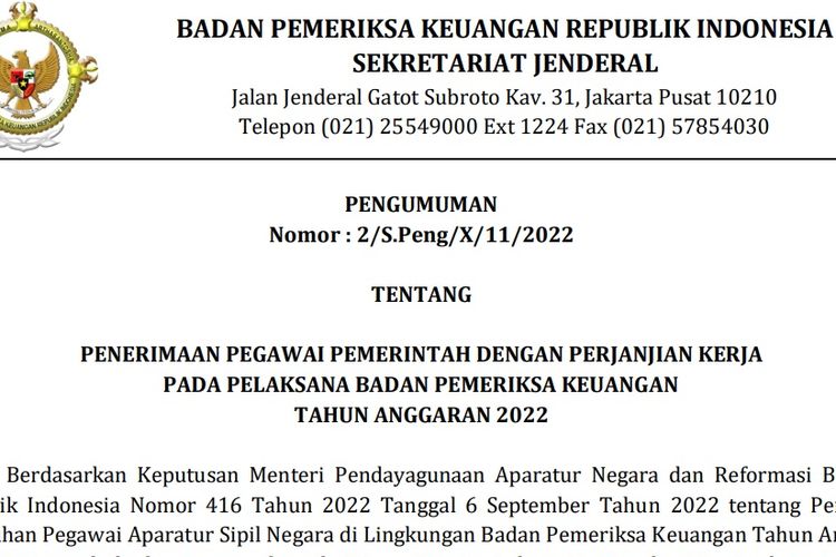 Badan Pemeriksaan Keuangan Republik Indonesia (BPK RI) membuka rekrutmen PPPK tahun 2022 untuk Tenaga Kesehatan dan Tenaga Teknis.