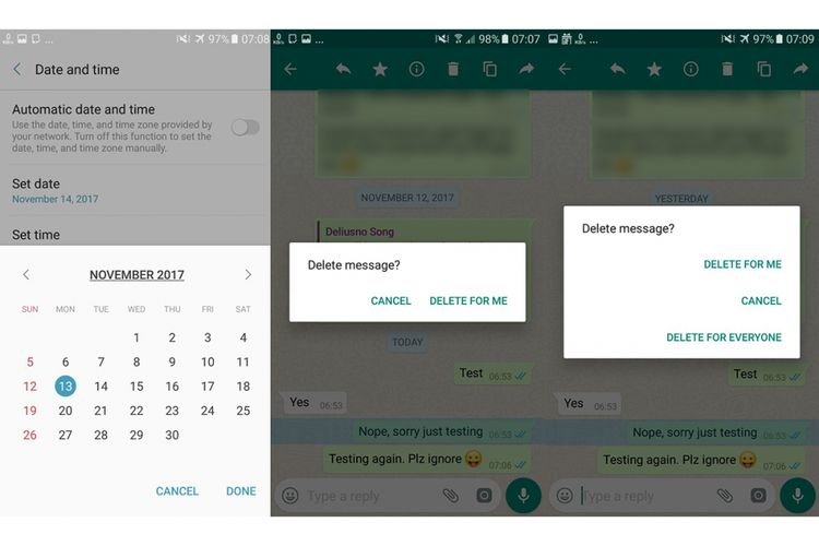 Dengan memutar tanggal ponsel ke hari sebelumnya, WhatsApp pun akan kembali menampilkan opsi penghapusan pesan (kanan), setelah sebelumnya tidak ada karena pesan telah berumur lebih dari 7 menit (tengah).