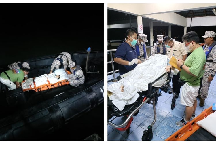 Kolase foto yang menunjukkan otoritas maritim Malaysia (MMEA) mengevakuasi seorang warga Indonesia bernama  Hon Siu Fung (66) yang terkena serangan strok saat berada di kapal pesiar Spectrum of The Seas dalam pelayaran dari Penang menuju Singapura, Kamis (27/4/2023).