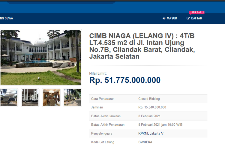Rumah mewah di Jakarta yang akan dilelang secara online di lelang.go.id (tangkapan layar lelang.go.id)