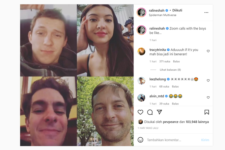 Artis Raline Shah membuat media sosial heboh lantaran mengedit foto seakan-akan berswafoto bersama tiga aktor Spider-Man, yakni Tobey Maguire, Andrew Garfiel, dan Tom Holland.