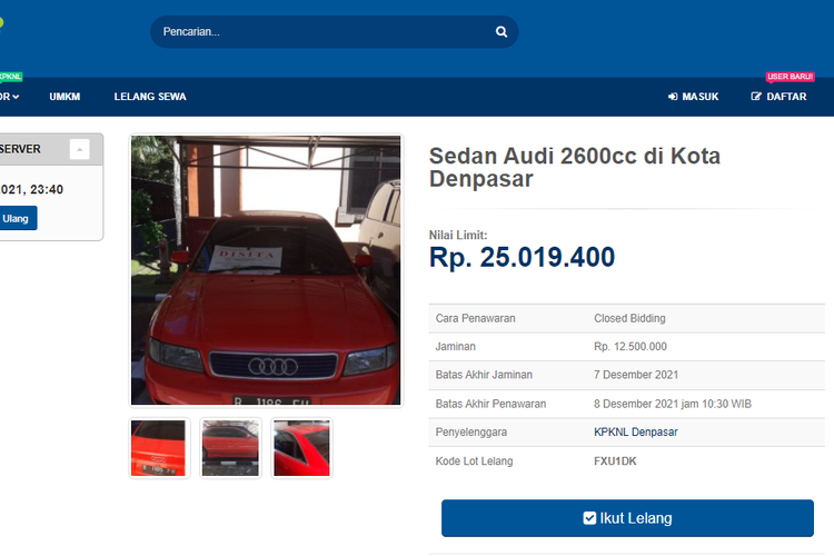 Tangkapan layar laman lelang Audi A4 V6 lansiran 2000 yang akan diselenggarakan pemerintah di situs lelang.go.id