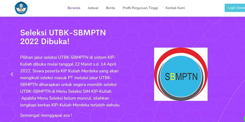 Tangkapan layar KIP Kuliah UTBK-SBMPTN 2022 telah dibuka.