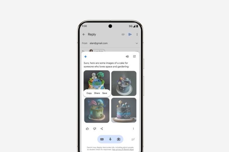 Ilustrasi integrasi Gemini dengan Gmail, pengguna bisa memerintahkan Gemini untuk membuat gambar dan gambar yang disukai bisa diseret (drag) ke Gmail