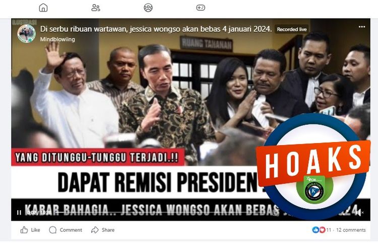 Tangkapan layar Facebook narasi yang menyebut Jessica akan bebas pada 4 Januari 2024 karena mendapat remisi dari Presiden Jokowi