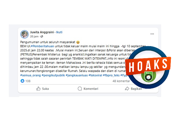 Tangkapan layar Facebook pemberitahuan yang diklaim dari BEM UI terkait akan adanya penembakan misterius pada 1 sampai 20 September 2025