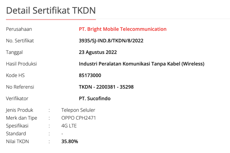 Oppo A17K muncul di situs Tingkat Komponen Dalam Negeri (TKDN) Kementerian Perindustrian