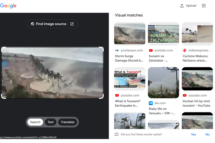 Tangkapan layar hasil reverse image melalui Google Lens, dari video tsunami yang diklaim terjadi setelah gempa di Turkiye pada Senin (6/2/2023).