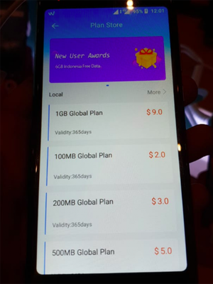 Harga paket data global untuk layanan internet Virtual SIM Skyroam, di ponsel Wiko seri Tommy 3. 