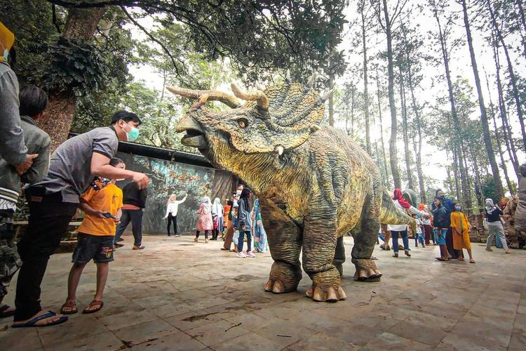 Para dinosaurus yang berinteraksi dengan wisatawan di tempat wisata di Magetan, Jawa Timur bernama Mojosemi Dinosaurus Park.