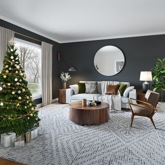 Ilustrasi ruang tamu dengan dekorasi Natal, Ilustrasi ruang tamu dengan cat dinding hitam.