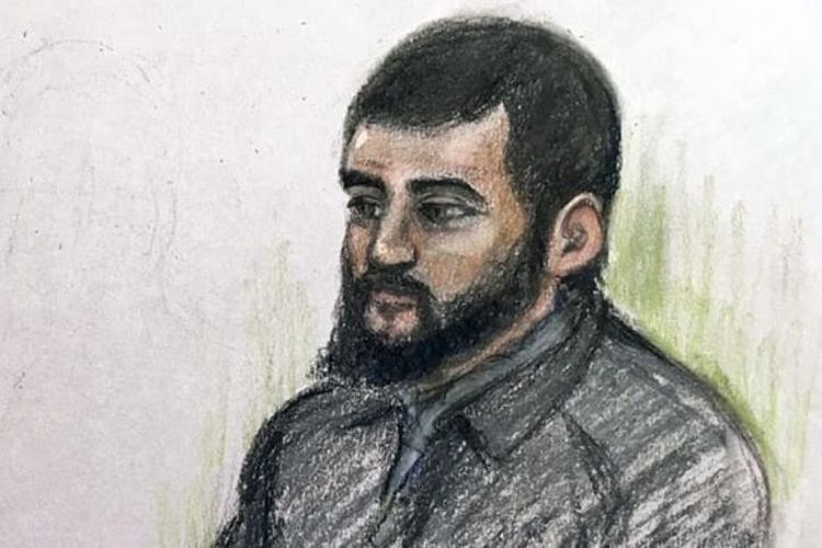 Sketsa Umar Haque ketika menjalani persidangan di Old Bailey London, Inggris, Jumat (2/3/2018). Haque didakwa telah melakukan radikalisasi terhadap ratusan anak-anak agar bergabung dengan ISIS.