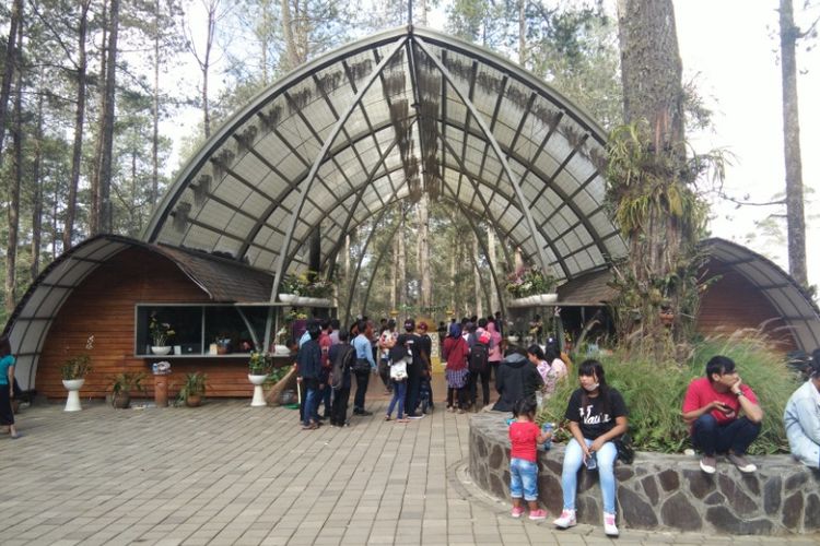 Pengunjung saat mengantre di pintu masuk eduwisata Orchid Forest Cikole, Bandung Barat, Minggu (17/6/2018).