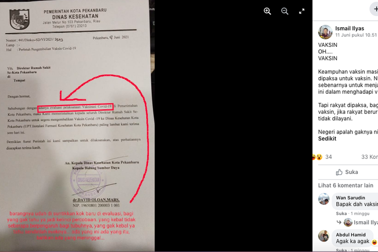 Tangkapan layar sebuah unggahan yang berisi surat penarikan vaksin Covid-19 di Pekanbaru