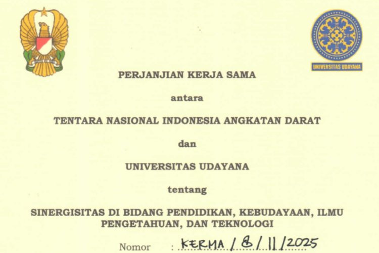Tangkapan layar Perjanjian Kerja Sama antara Tentara Nasional Indonesia Angkatan Darat (TNI AD) dan Universitas Udayana tentang Sinergisitas di Bidang Pendidikan, Kebudayaan, Ilmu Pengetahuan, dan Teknologi.  