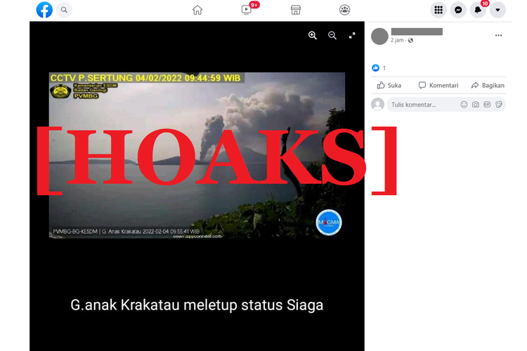 Tangkapan layar unggahan hoaks di sebuah akun Facebook, yang menyebut bahwa Gunung Anak Krakatau berstatus siaga.