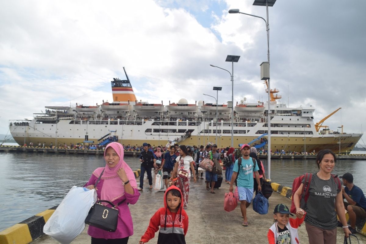 Sekitar 5.000 pemudik yang menggunakan  Kapal Pelayaran Nasional Indonesia (Pelni) mulai memadati Pelabuhan Murhum, Kota Baubau, Sulawesi Tenggara, Senin (11/6/2018).  Ribuan penumpang ini baru saja turun dari dua kapal Pelni yakni Kapal Motor (KM) Tidar dan KM Sinabung dari wilayah timur Indonesia. 