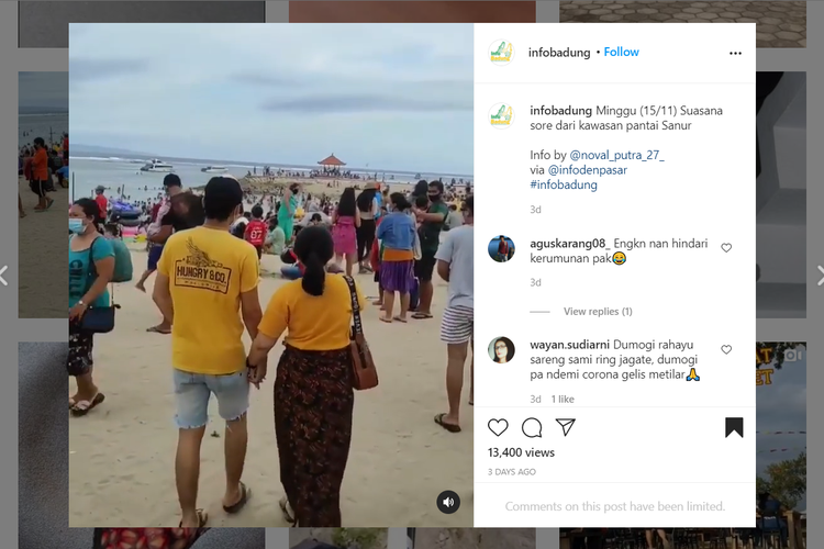 Tangkapan layar akun Instagram @infobadung yang memperlihatkan keramaian wisatawan di Pantai Sanur, Bali.