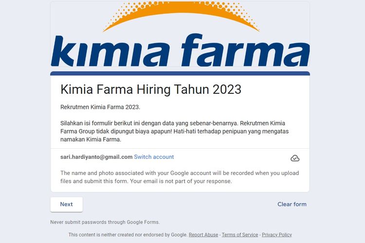 Tangkapan layar lowongan kerja Kimia Farma Agustus 2023.