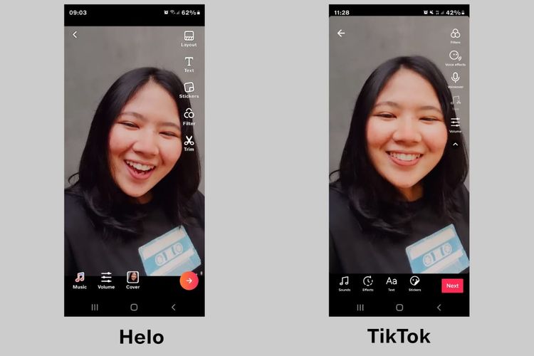 Tampilan edit video di aplikasi Helo dan TikTok