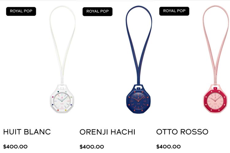 AP x Swatch Royal Pop Collection desain Lépine varian Huit Blanc (kiri), Orenji Hachi (tengah), dan Otto Rosso (kanan).
