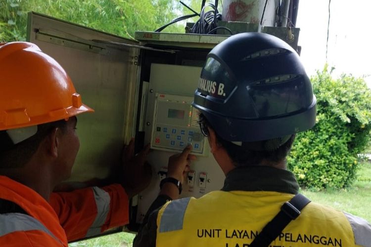 Foto: Dua petugas PLN Unit Layanan Pelanggan (ULP) Larantuka, Kabupaten Flores Timur, Nusa Tenggara Timur (NTT) sedang mengecek jaringan listrik.
