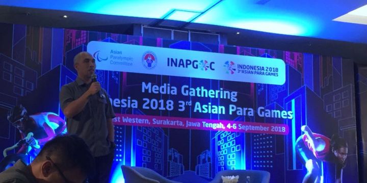 Direktur Divisi Sport Inapgoc, Fanny Irawan, menyampaikan perkembangan tentang cabang-cabang di Asian Para Games 2018 di Solo, Selasa (4/9/2018).