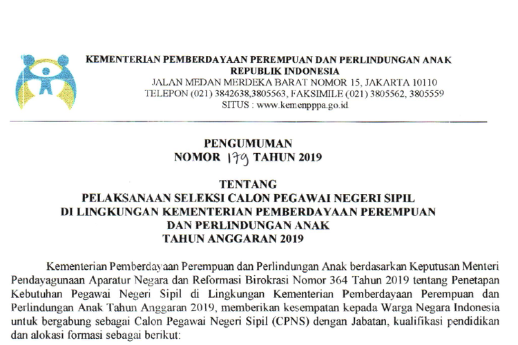 KemenPPPA resmi mengumumkan pembukaan seleksi calon pegawai negeri sipil (CPNS) 2019.