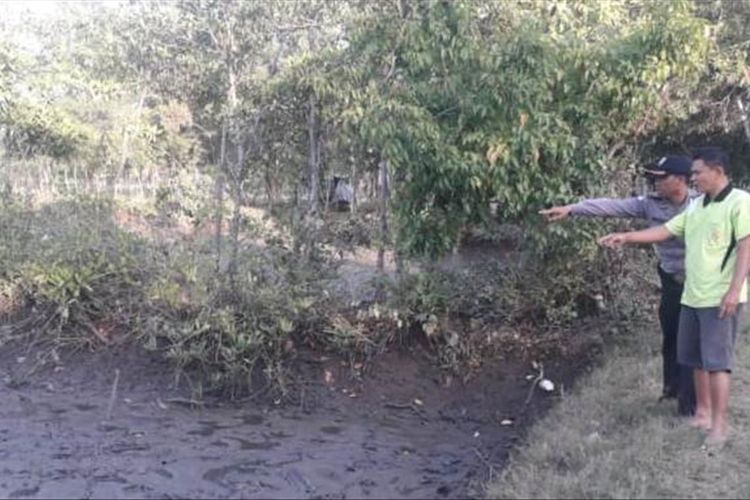 Warga menunjukkan lokasi penemuan jasad Sanis (72) warga Jalan Ismoyo Jati, RT 003 RW 11, Desa Tritih Wetan, Kecamatan Jeruklegi, Cilacap, Jawa Tengah yang tewas tenggelam di aliran Sungai Jasari, Rabu (31/7/2019).