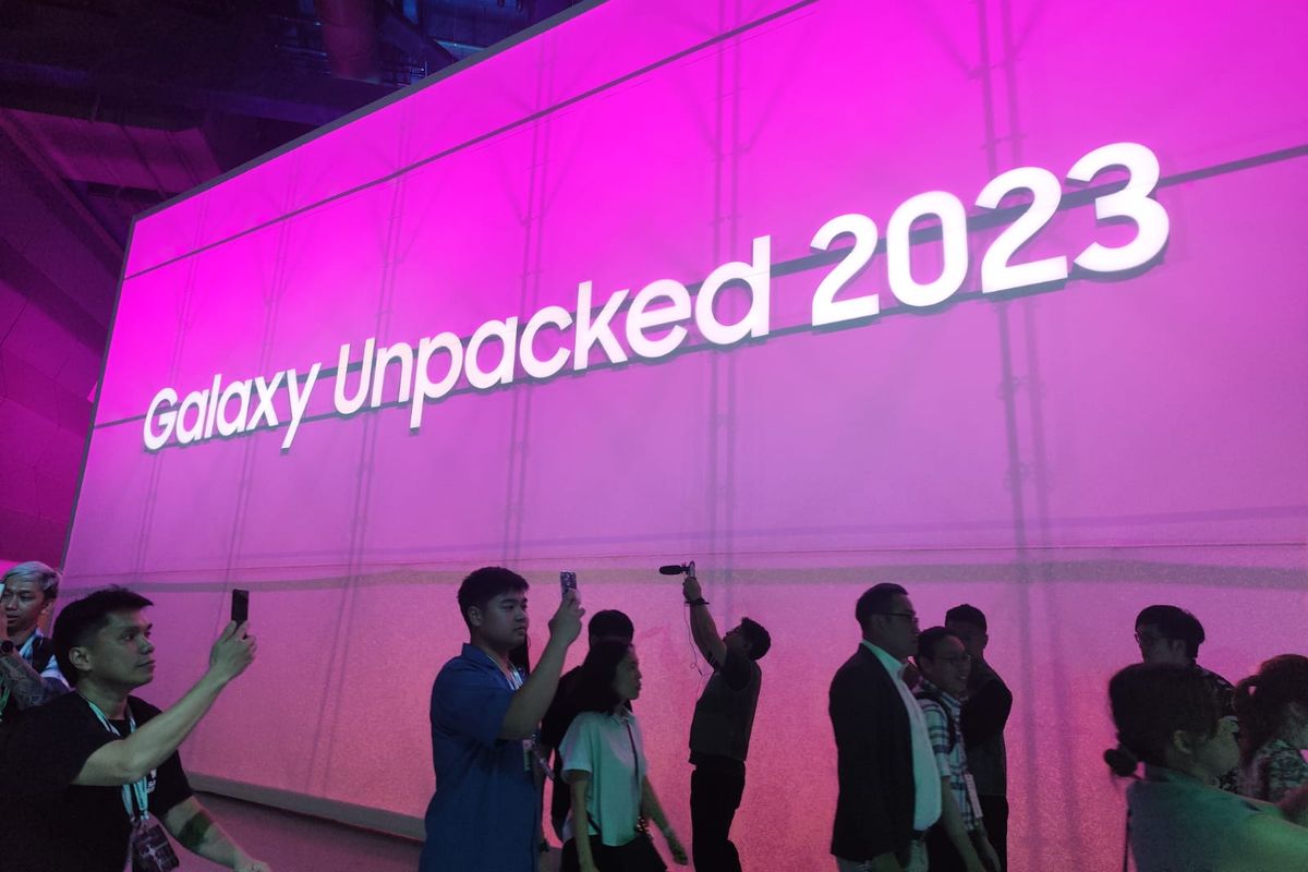 Suasana di dalam ruangan Galaxy Unpacked 2023 di Seoul, Rabu (26/7/2023).