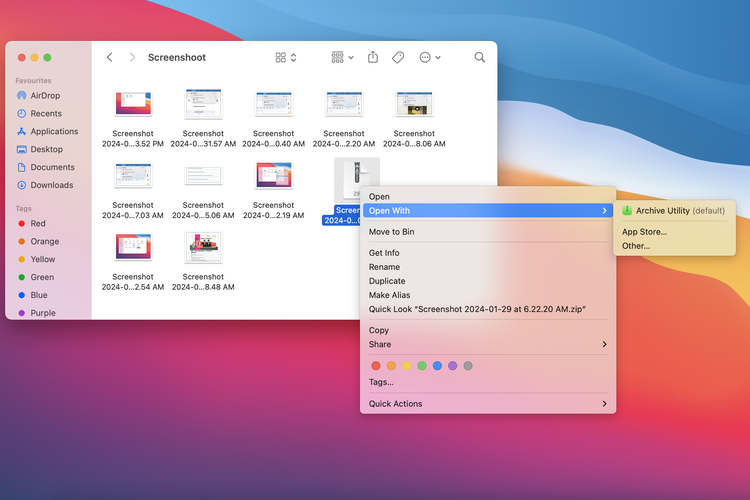 Ilustrasi cara membuka file zip di Macbook.