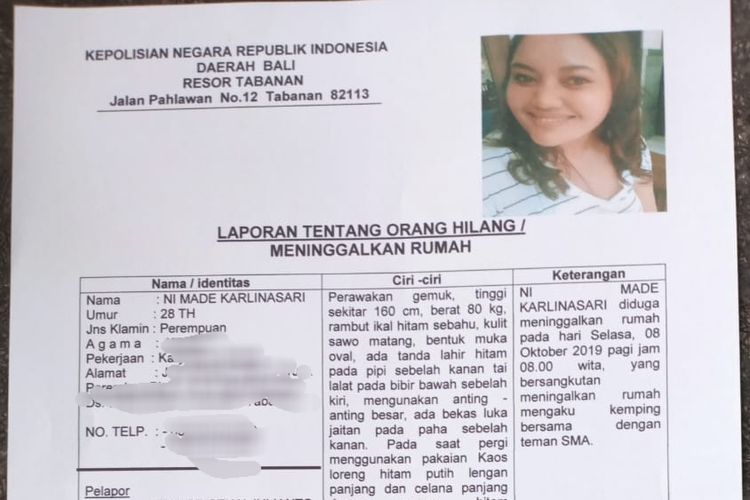 Ni Made Karlinasari (28) yang dilaporkan hilang oleh suaminya.