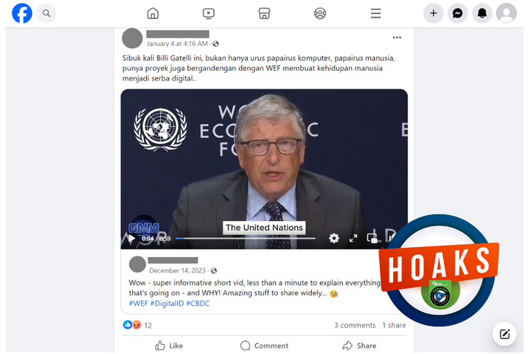 Tangkapan layar konten hoaks di sebuah akun Facebook, 4 Januari 2024, soal Bill Gates menggandeng WEF dan PBB untuk membuat identitas digital global.
