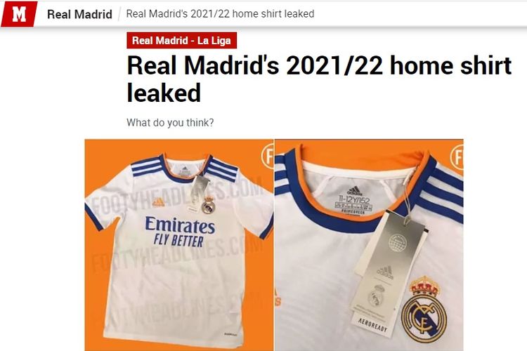Jersey alias seragam kandang Real Madrid musim 2021-2022 telah bocor secara online.