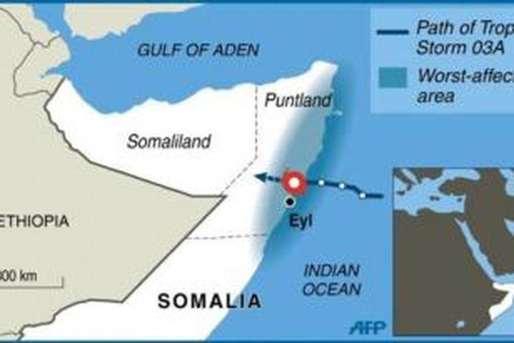 Peta lokasi terjangan topan di Puntland, Somalia.