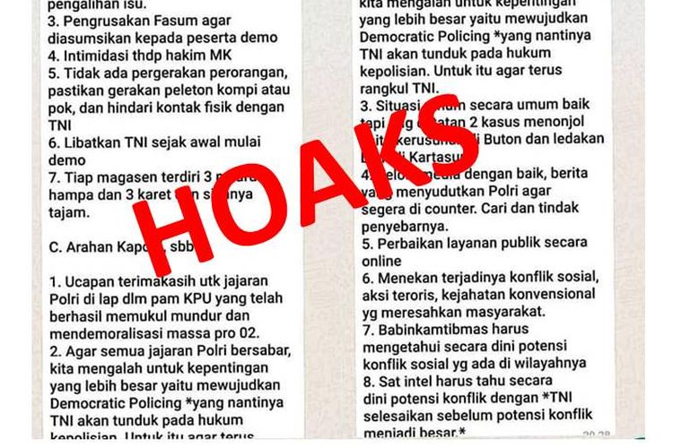 Hoaks, pesan dari Kapolri Jenderal (Pol) Tito Karnavian menyampaikan ucapan terima kasih kepada polri dan menyinggung Democratic Policing.