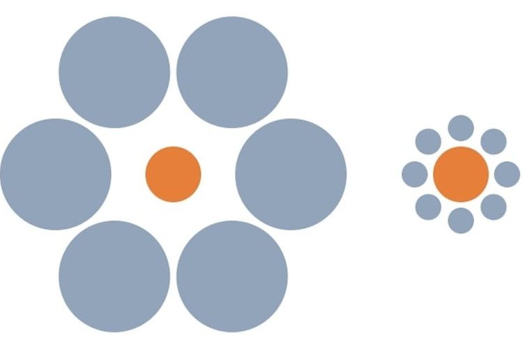 Dua lingkaran oranye di tengah lingkaran abu-abu berukuran sama, tetapi terlihat berbeda karena perbedaan ukuran lingkaran yang mengelilinginya.