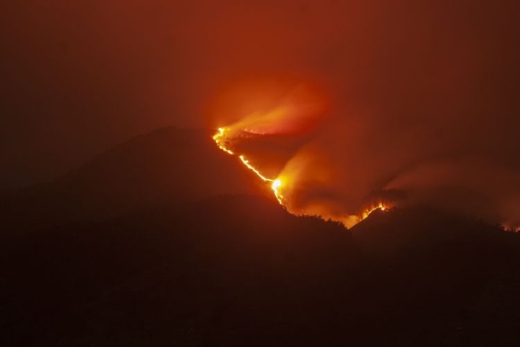  Nyala api kebakaran Gunung Merbabu terlihat di Jlarem, Gladagsari, Boyolali, Jawa Tengah, Sabtu (28/10/2023). Balai Taman Nasional Gunung Merbabu menutup semua jalur pendakian Gunung Merbabu akibat terjadinya kebakaran hutan dan lahan di wilayah tersebut. ANTARA FOTO/Aloysius Jarot Nugroho